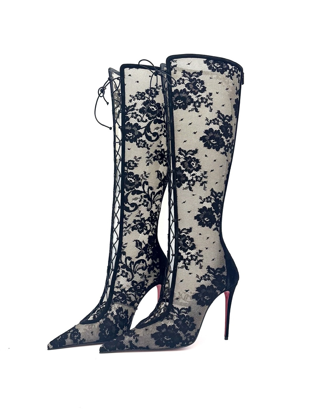 Christian Louboutin KM Lace Botta 100 Pointed Toe Knee High Stiletto Boots 41